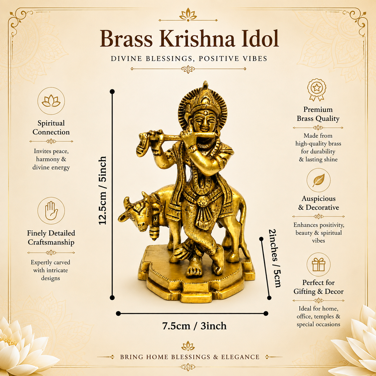 Premium Brass Krishna Idol with Cow