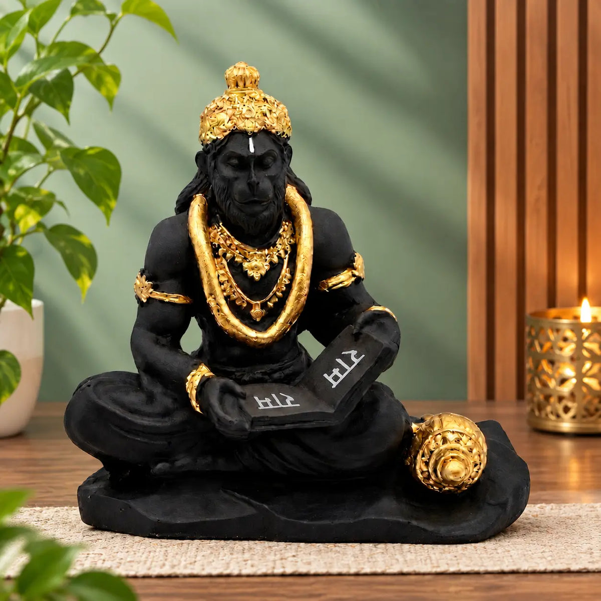 Black Resin Hanuman Ji Idol with Golden Detailing for Home Temple