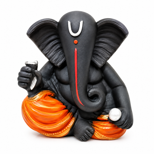 Black Ganesha Idol with Orange Dhoti, Resin Statue for Home Decor