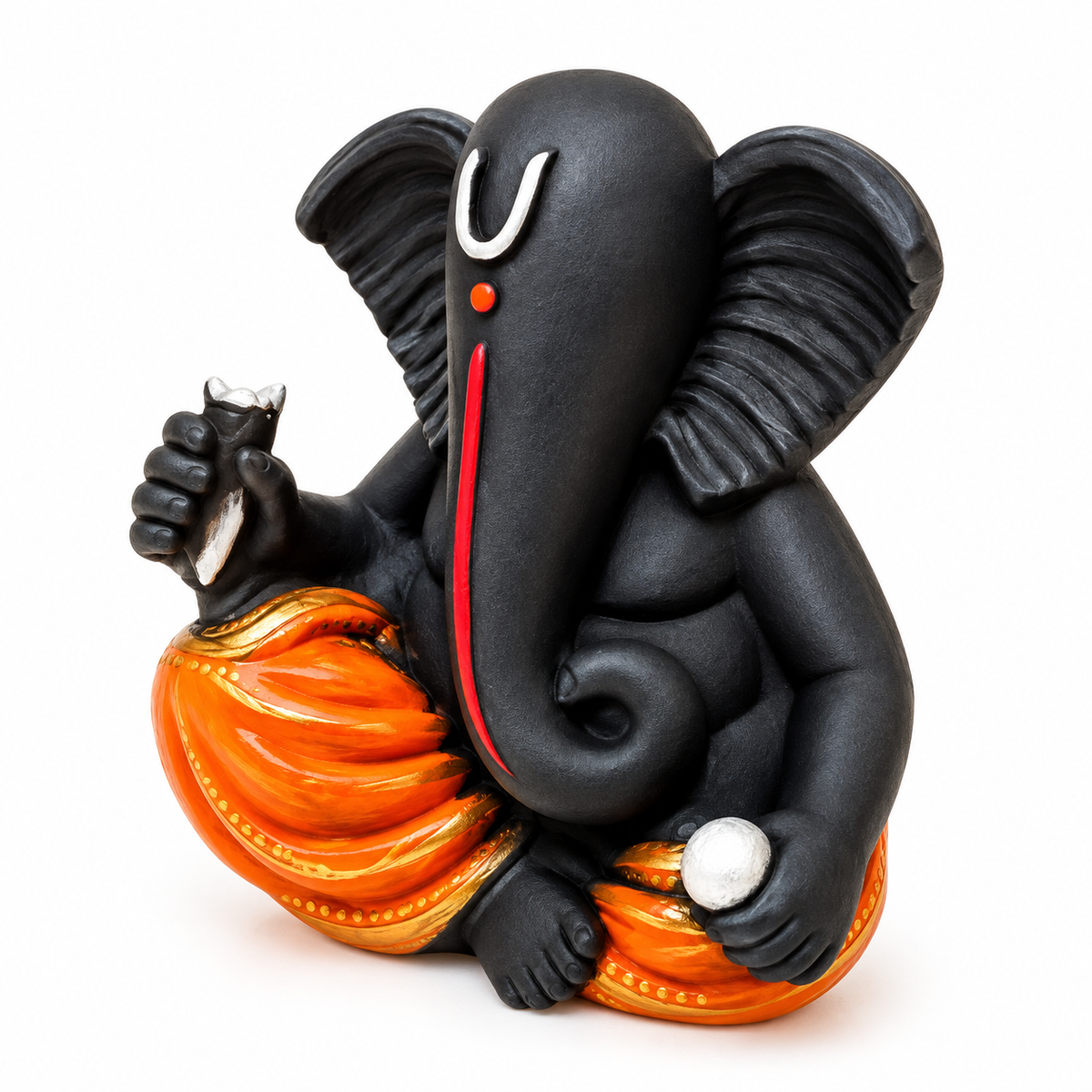 Black Ganesha Idol with Orange Dhoti, Resin Statue for Home Decor