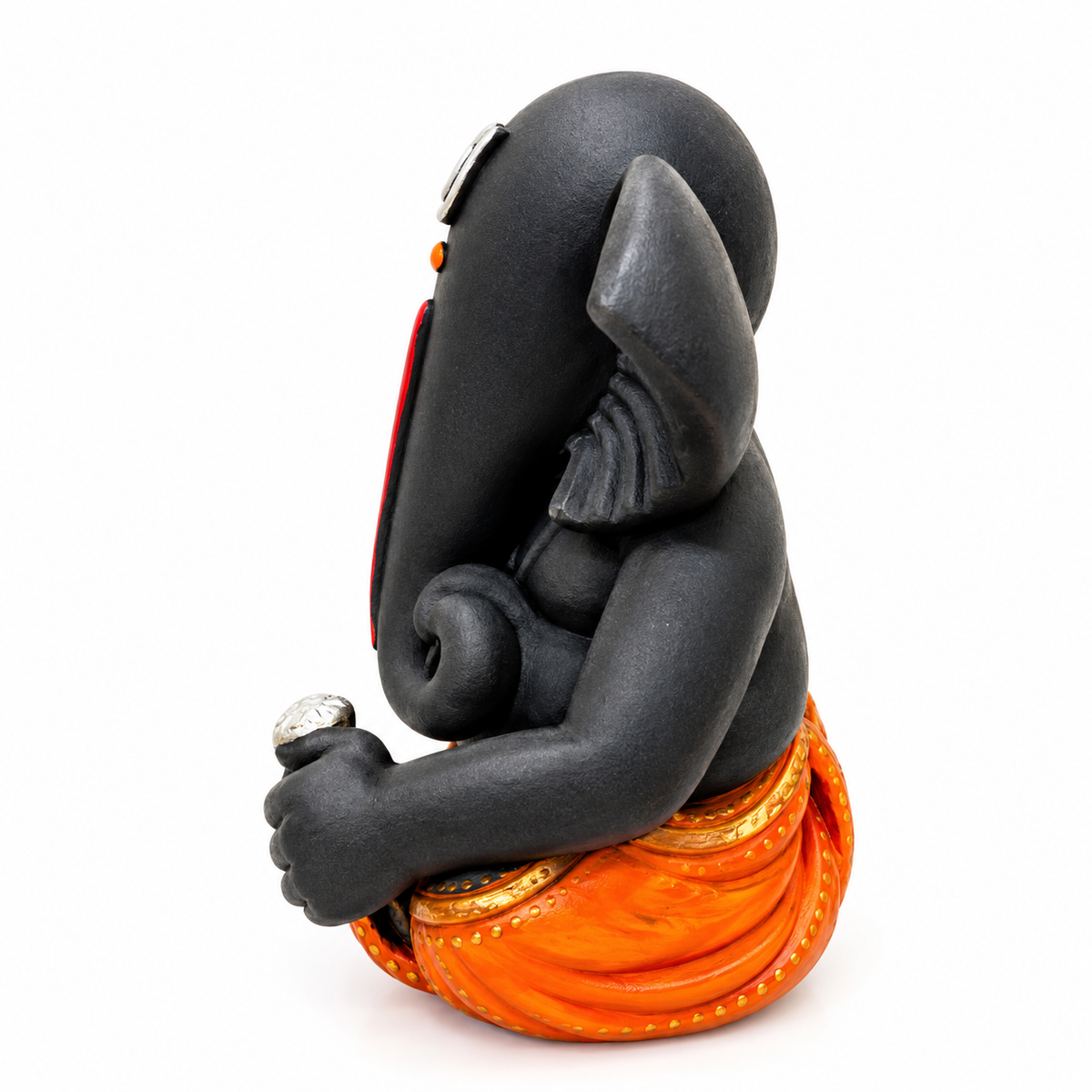 Black Ganesha Idol with Orange Dhoti, Resin Statue for Home Decor