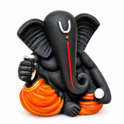 Black Ganesha Idol with Orange Dhoti, Resin Statue for Home Decor