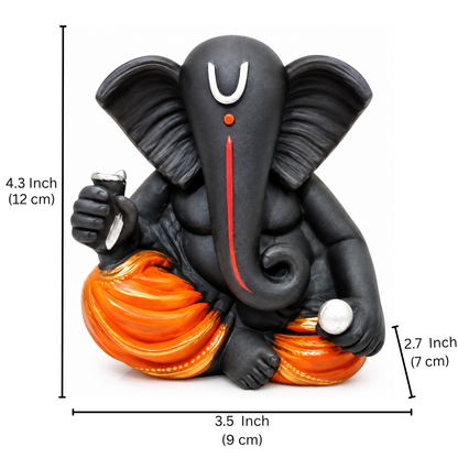Black Ganesha Idol with Orange Dhoti, Resin Statue for Home Decor