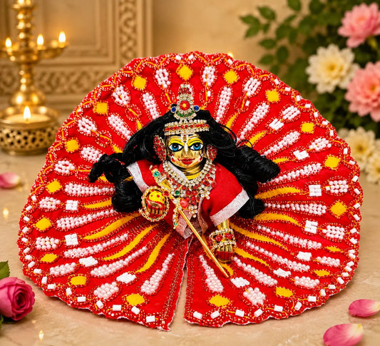 Laddu Gopal Red Designer Poshak with Pearl Work
