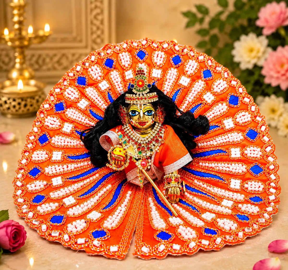 Laddu Gopal Orange Designer Poshak with Pearl Work