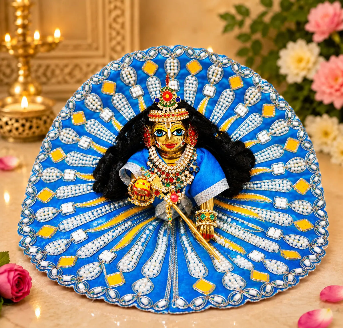 Laddu Gopal Blue Designer Poshak with Pearl Work
