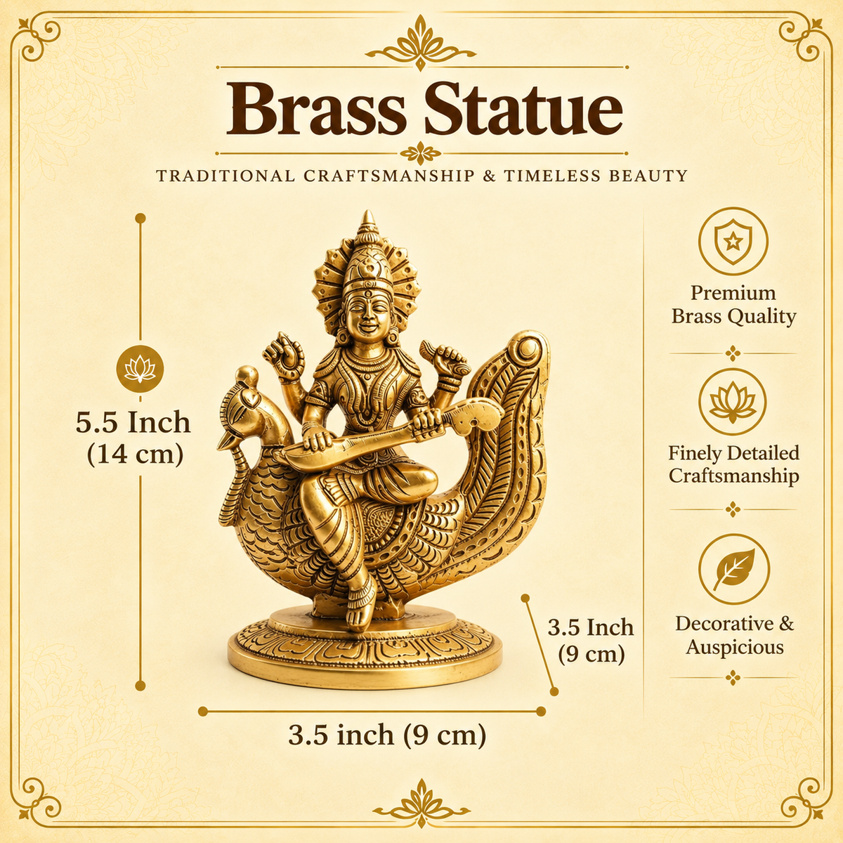 Brass Goddess Saraswati Idol on Swan